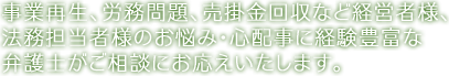 事業再生、労務問題、売掛金回収など経営者様、法務担当者様のお悩み・心配事に経験豊富な弁護士がご相談にお応えいたします。